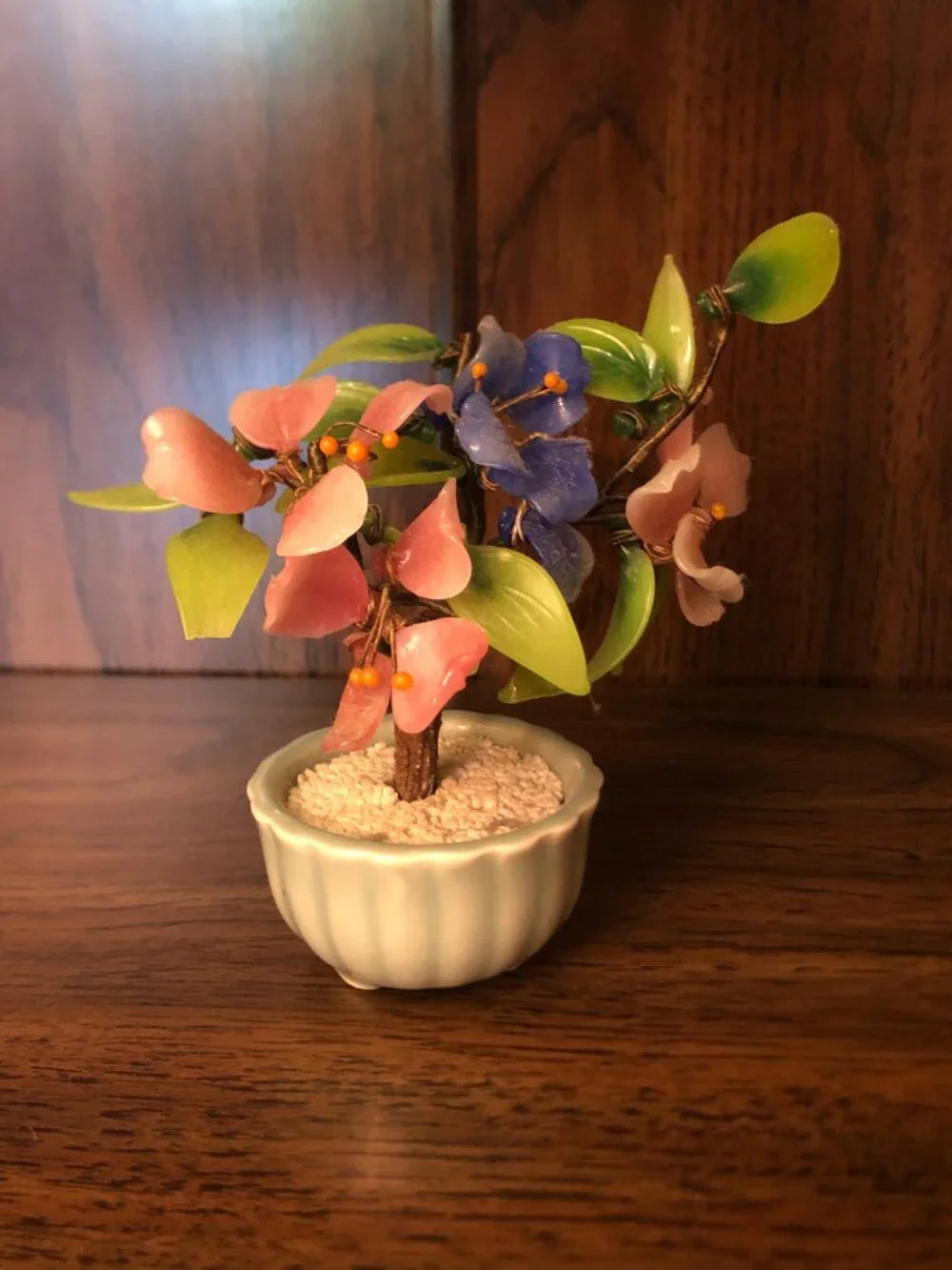 Vintage Miniature Bonsai Jade Glass Tree Pink and Periwinkle Blue Flowers